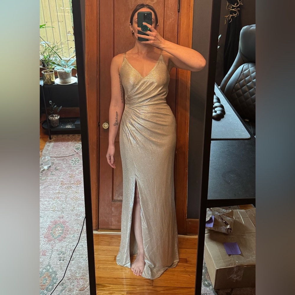 Champagne colored maxi formal dress from Eliza J in U.S. size S